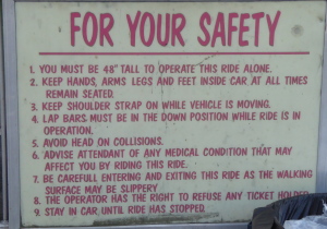 Rules for bumper cars has a list of rules including a rule prohibiting running into other cars.